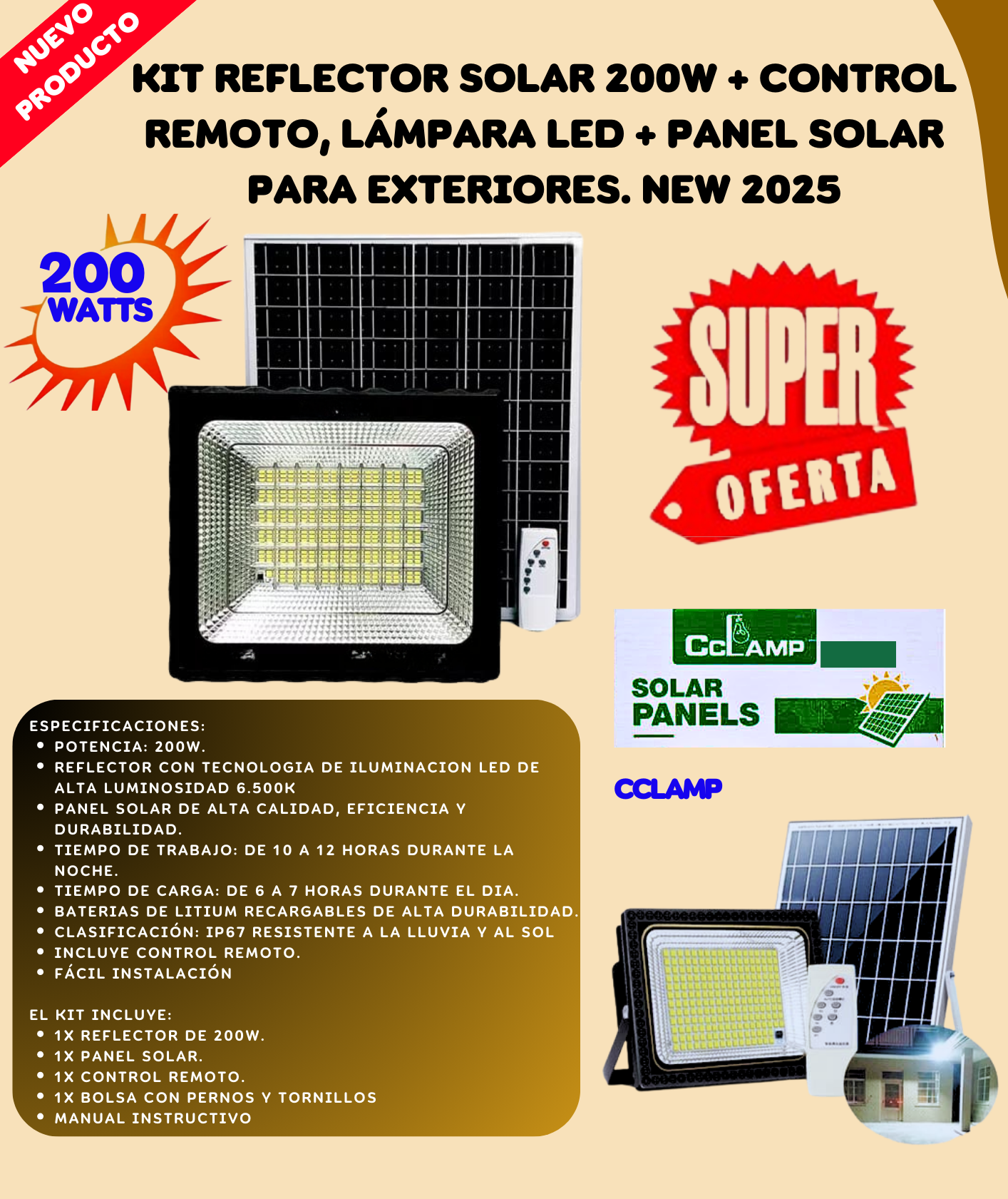 Miniatura 1 de Kit Reflector Solar 200W + Control CLAMP